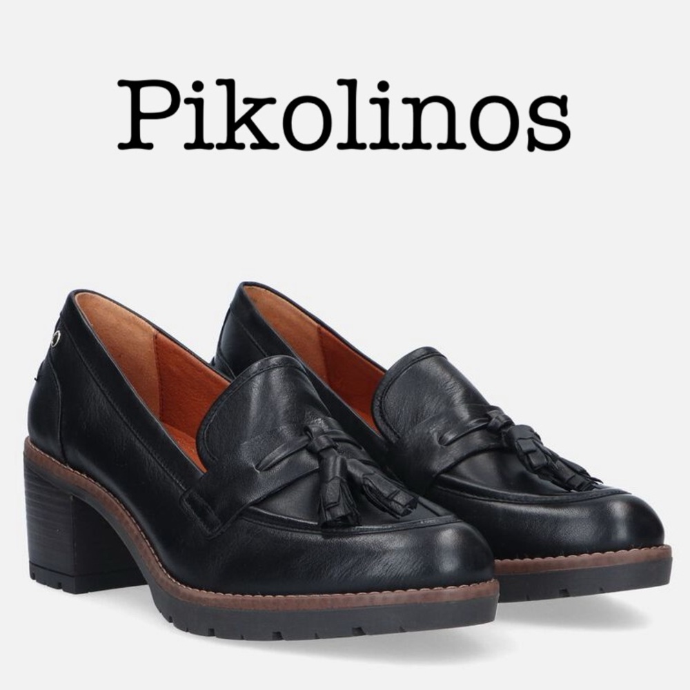 Pikolinos Llanes Black Leather Tassel Block Heel Loafers Size 40